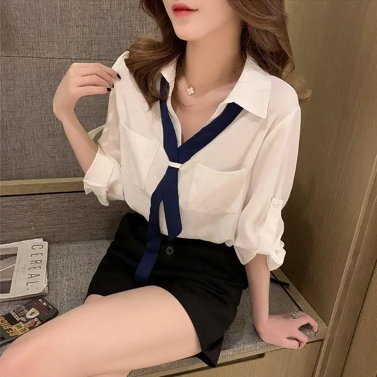 

Blouse Women Chiffon Shirt Women's Spring Autumn Tie V-neck Shirt Long Sleeve Shirt Blusas Mujer De Moda