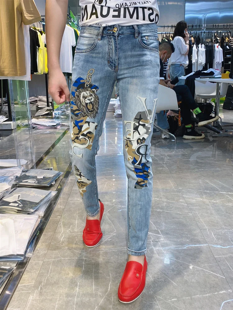 

High Street Hip Hop Trendy Printing Stretch Jeans Men Graffiti Print Jeans Graphic Jeans Motorcycle Skinny Jeans Men Jeans Uomo