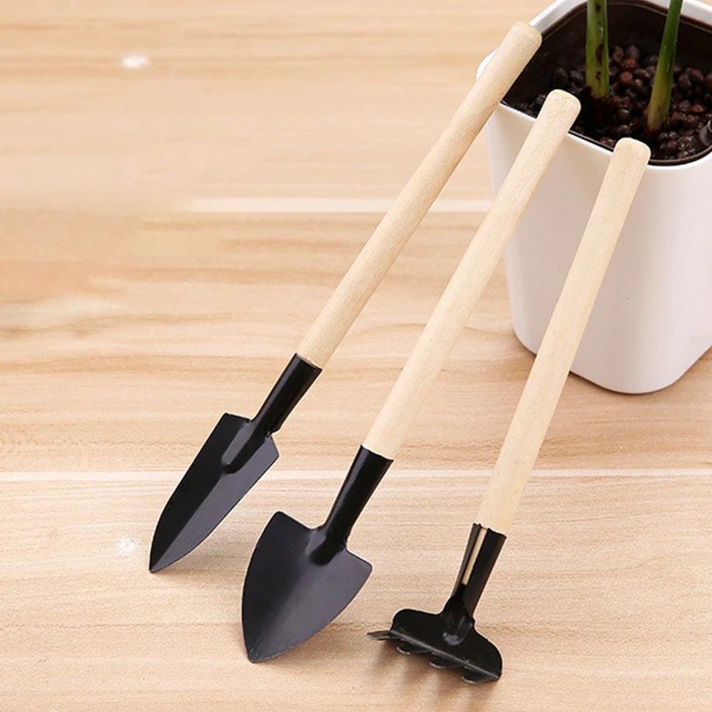 

3 Pcs Small Wood Handle Shovel Rake Hand Tool Gardening Tool Balcony Home-Grown Plant Flower Bonsai Mini Transplant Digging Set