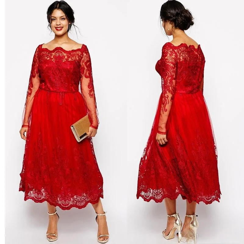 

Stunning Red Plus Size Evening Dresses Sleeves Square Neckline Lace Appliqued A-Line Prom Gowns Tulle Tea-Length Formal Dress
