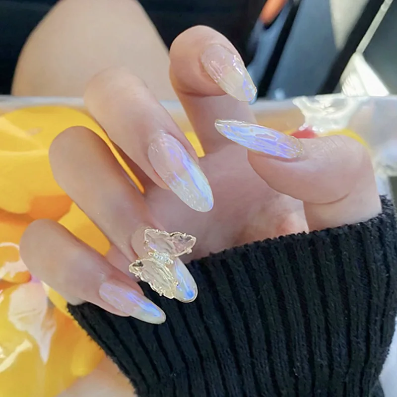 24 шт. Поддельные Гвозди с дизайном синий светильник воды принтом бабочки и