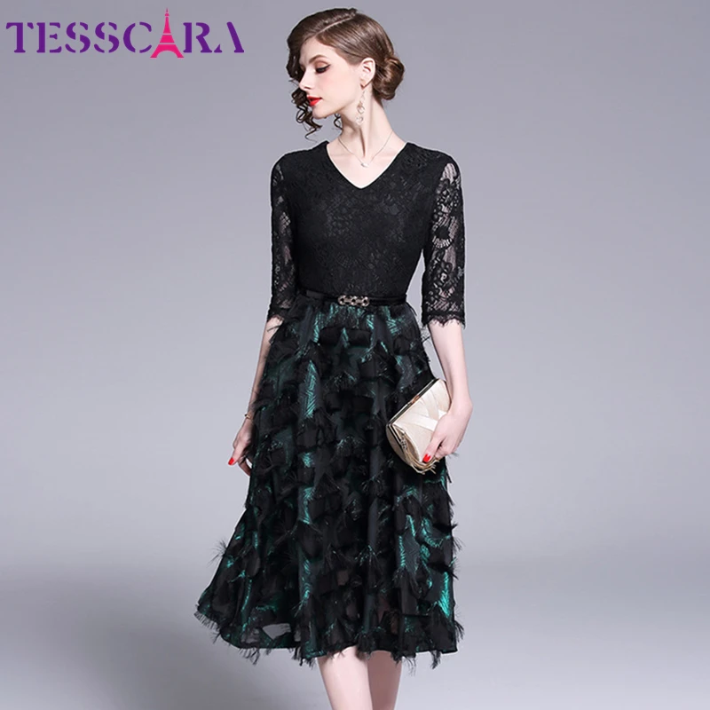 Женское осеннее элегантное Сетчатое платье TESSCARA с V образным вырезом женские