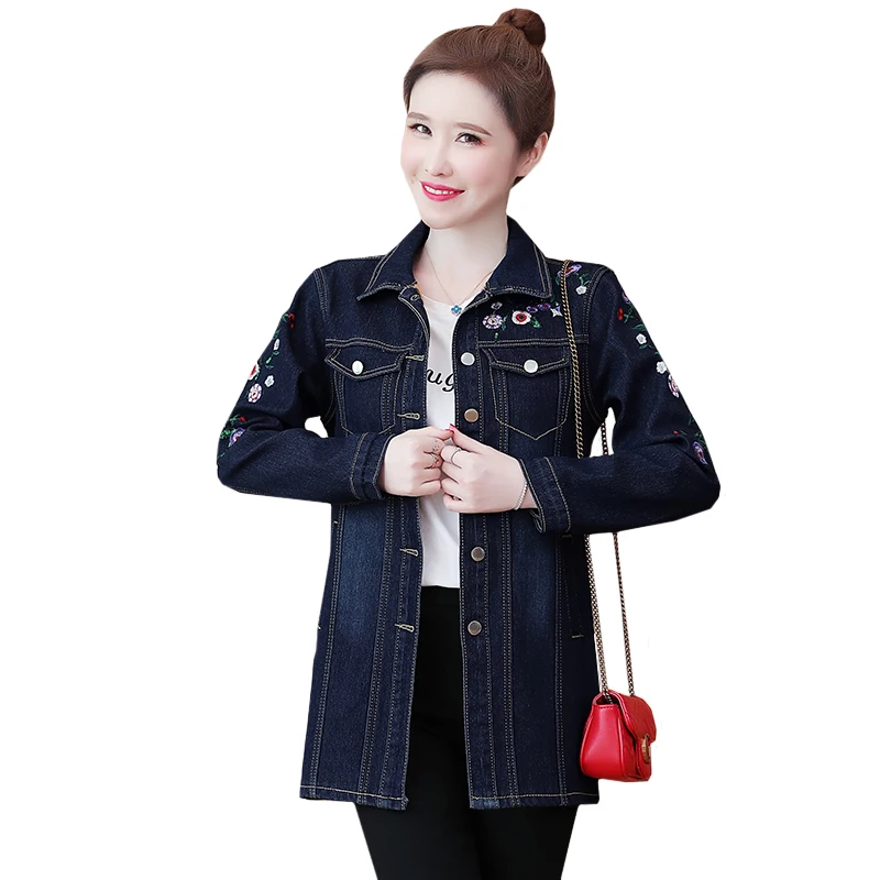 

Winter Denim Jacket Warm Women Floral Embroidery Parka Coat Casual Outerwear Stylish Thicken Jean Coats Female 2021