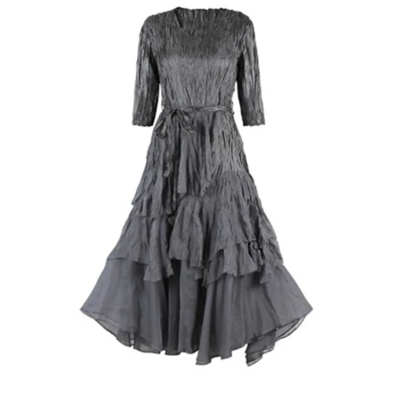 

2021 spring women's dress folds fashion design loose large size long sleeve print women's And the calf dress robes