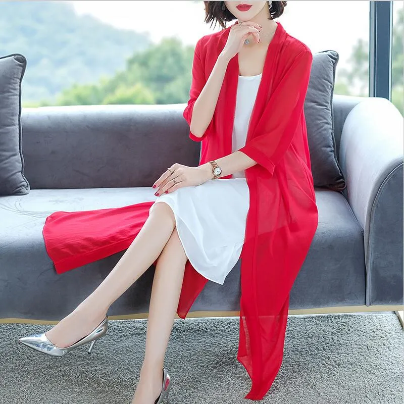 

Plus size Summer Women Chiffon Cardigan Sexy See-Through Ladies Long Blouse Shirt Beach Cover Up Femme Outerwear tops M-8XL