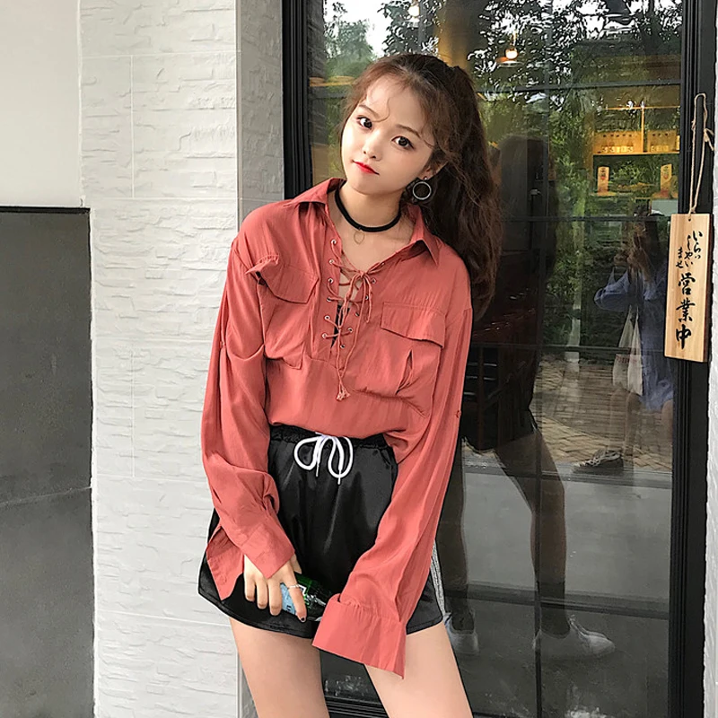 Винтажный отложной воротник карманы белый Harajuku стиль весна и осень женские топы