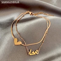 classic love letter heart shaped double layer titanium steel anklets for woman 2021 korean fashion jewelry does not fade anklet
