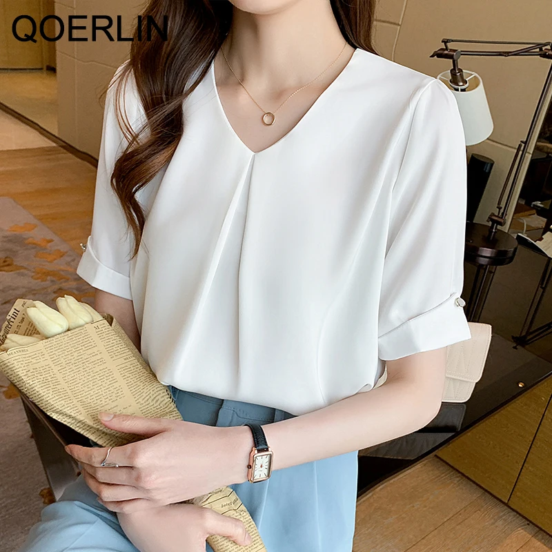 

QOERLIN 2XL Women Shirts Short Sleeve Solid White Chiffon Office Blouse Women Clothes Tops And Blouses Blusas Mujer De Moda 2021