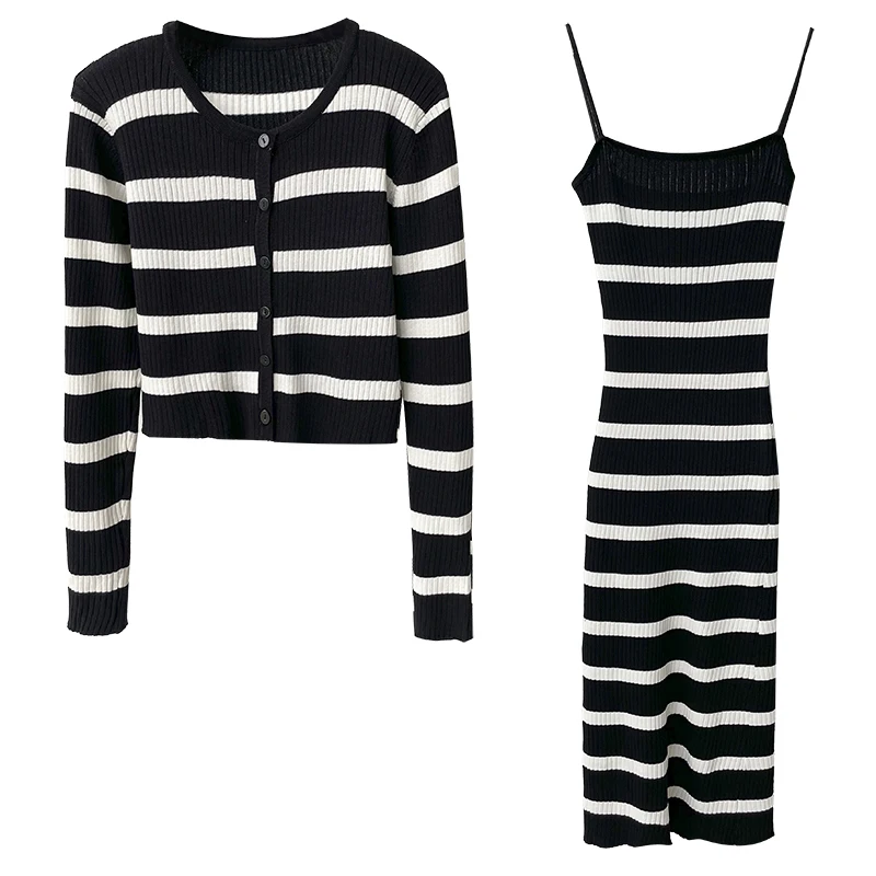 

[EAM] Striped Dress Knitting Two Pieces Suit New V-Neck Long Sleeve Black Loose Women Fashion Tide Spring Autumn 2021 1DE0781