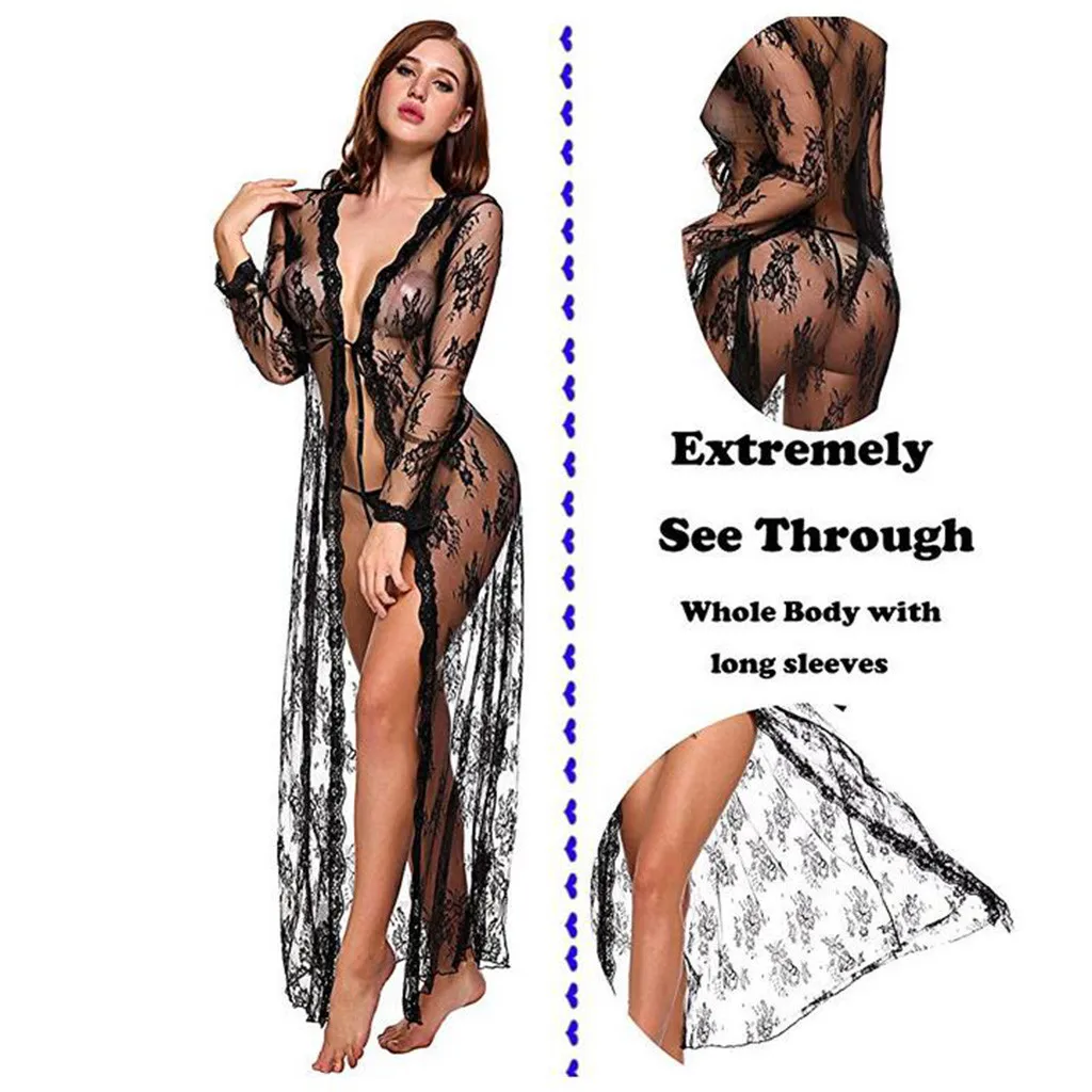 

Women Night Gown Sleep Wear Long Robe Sets See Through Lingeries Sexy Lingerie Erotic Dress Bath Robes