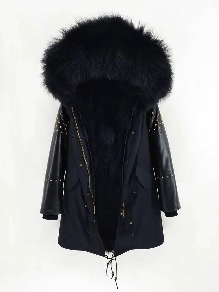 1 raccoon fur liner Женская длинная парка с воротником из натурального меха лисы, зимняя куртка с капюшоном, пальто с заклепками, Монгольская овечья кожаная верхняя одежда с рукавами, Detachabl - Цвет: 1 raccoon fur liner