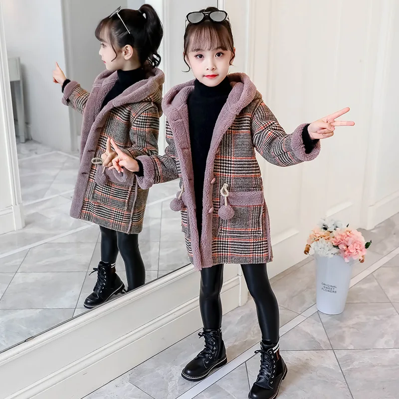 Зимнее пальто для маленьких девочек длинная клетчатая куртка из смесовой шерсти