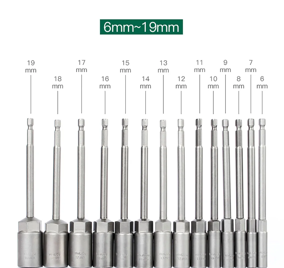 14Pcs/Set Length 150mm Non-magnetic Hex Socket Sleeve Bit Nut Driver for Power Drills Impact Drivers Hand Drills Tools