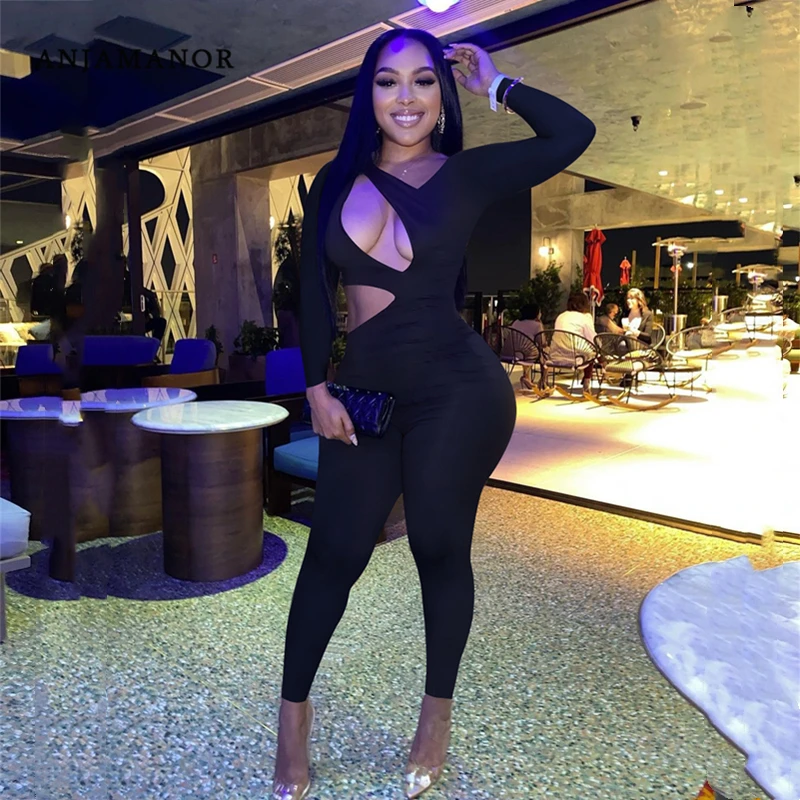 

ANJAMANOR Cutout Long Sleeve Bodycon Jumpsuits Sexy Club Outfits for Women Clothing 2021 Fall Fashion Black Rompers D44-CF30