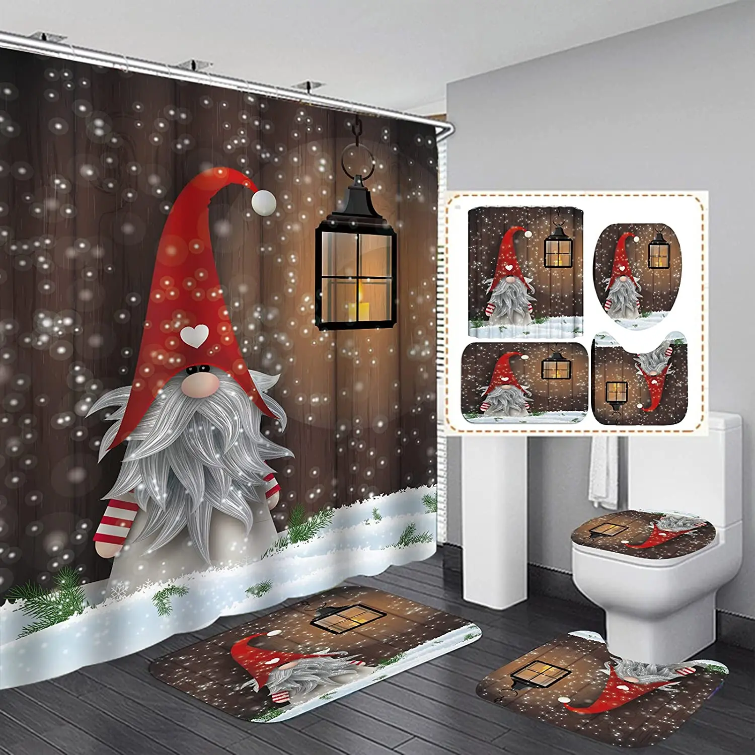 

Christmas Themed Shower Curtain Set Gnomes Bathroom Shower Curtain Christmas Shower Curtain with Carpet and Cushions