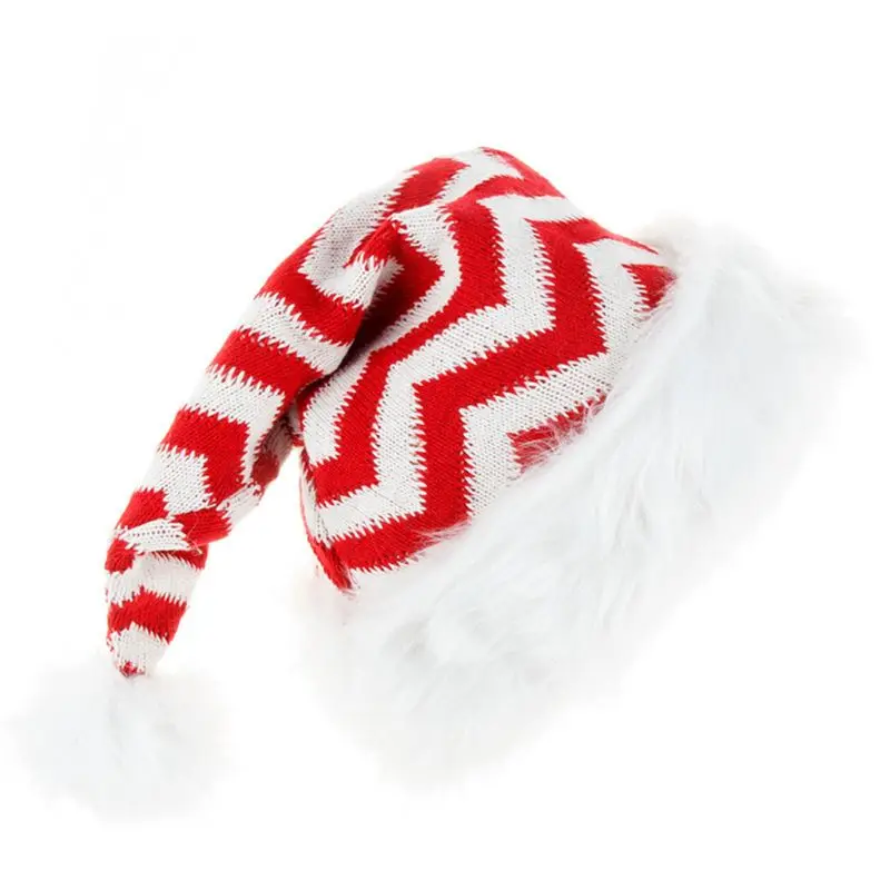 

C6UD Adult Knitted Christmas Hat Snowflake Wavy Striped Soft Fluffy Plush Santa Claus Cap Cute Pompom Xmas Holiday Decoration