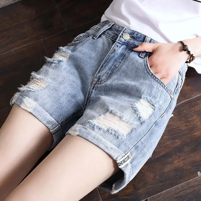 

2020 New Summer Women Fashion Solid All-Match High Waist Wide Leg Denim Shorts Female Vintage Bleached Ripped Jeans Shorts T86