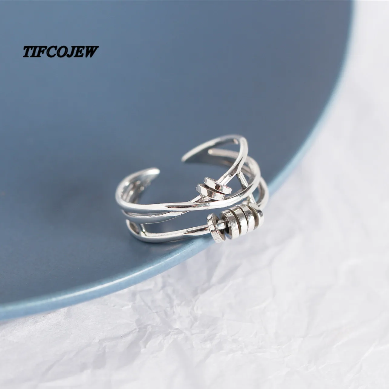 

TIFCOJEW Vintage INS Real 925 Sterling Silver Multi Level Crossing Adjustable Ring for Women Party Cute Fine Jewelry Accessories