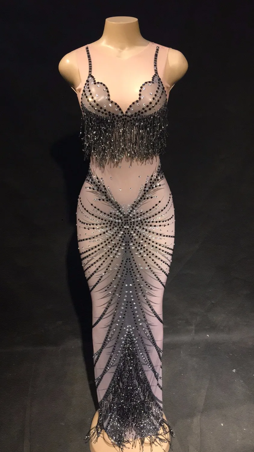 

Black Rhinestone Mesh Perspective Sleeveless Dress Wedding Evening Birthday Celebrate Party Dresses Night See Through Vestidos