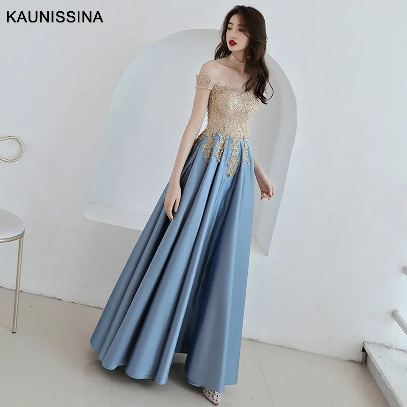

Женское атласное вечернее платье KAUNISSINA, вечернее платье с открытыми плечами, коротким рукавом и аппликацией в пол для выпускного вечера