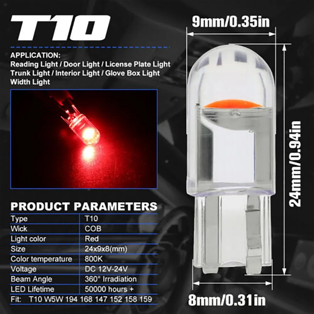 

20pcs Red T10 LED COB Bulb W5W Wedge Car Interior Light Map Dome Lamp 168 194 COB Light Bulbs