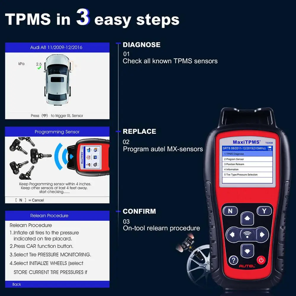 Autel MaxiTPMS TS508 TS501 TPMS диагностический инструмент давления в шинах лучше TS601 433 МГц 315 и