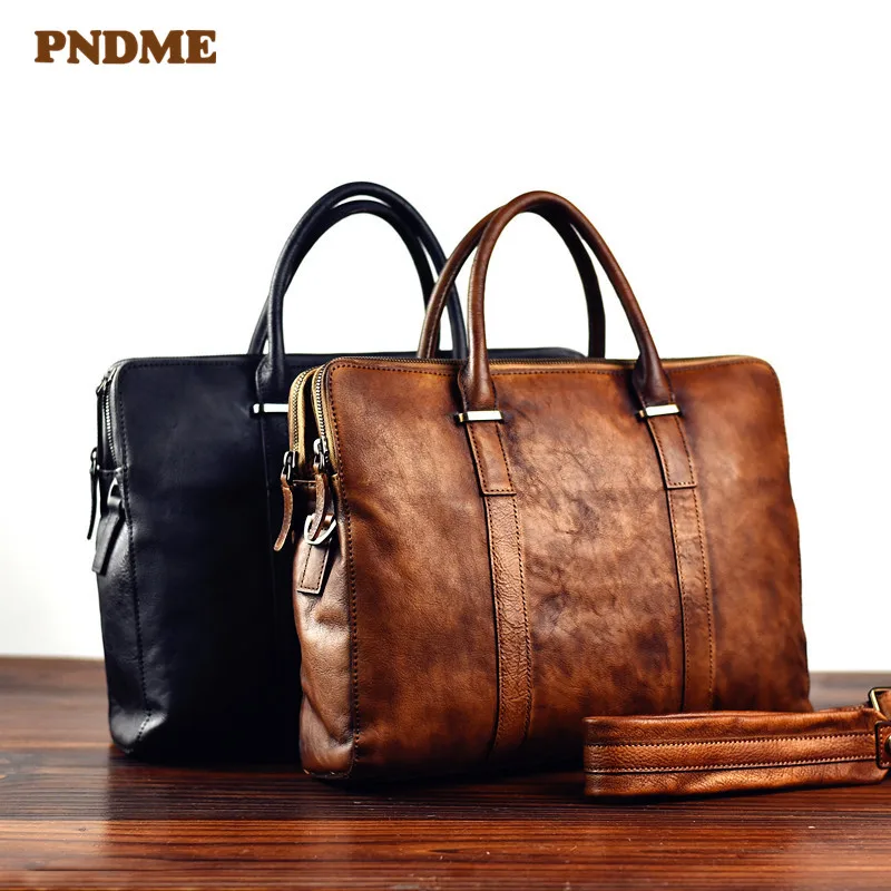 PNDME retro natural luxury genuine leather men large-capacity briefcase fashion laptop handbag real cowhide women messenger bag