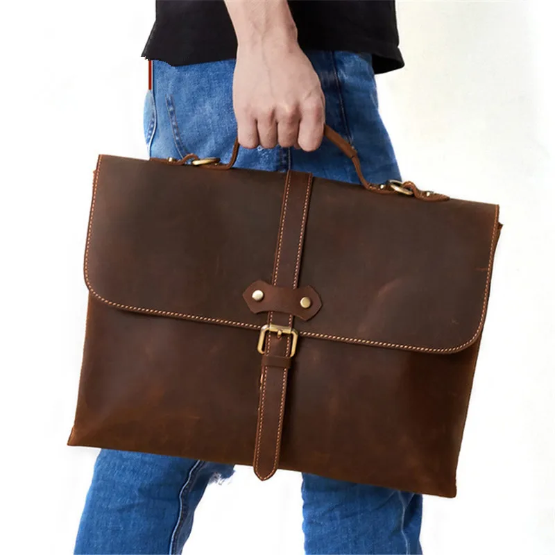 Retro Crazy Horse Leather Men's Daily Work Office Lawyer Business Briefcase 15.6-inch Multifunctional Computer Travel Handbag
