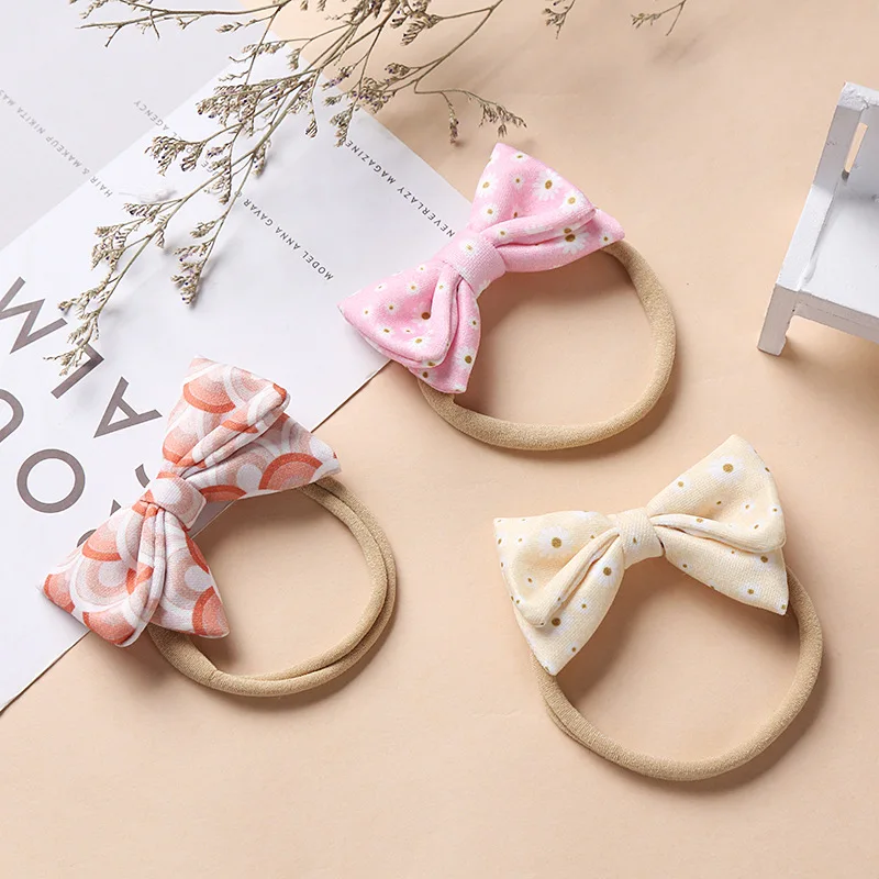 

CN Thin Nylon Baby Headband Floral Printing Infant Bow Bandage Traceless Toddler Child Soft Hair Bands Newborn Photo Props