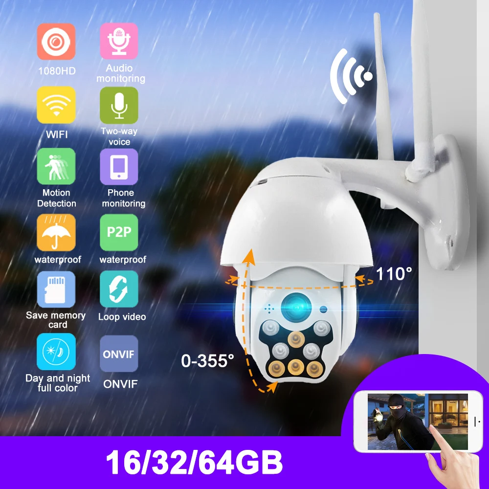 Ip-камера Wifi 1080P высокоскоростная камера 8 Светодиодный светильник 2-Way Talk Pan Tilt