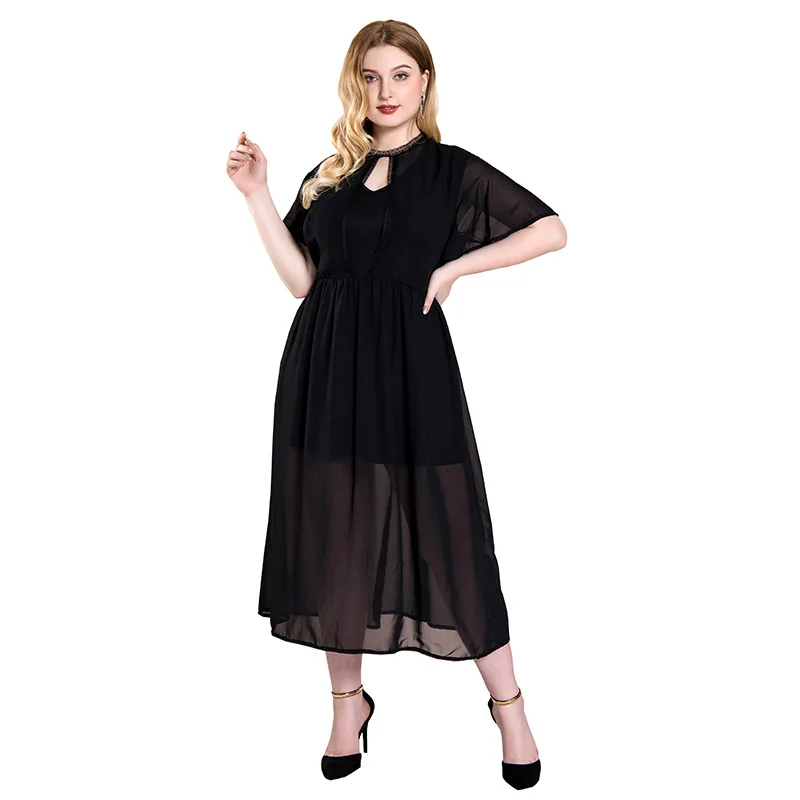 

Black Dress Chiffon Double Layered Dress Mesh Lace Summer Dress Woman 2021 Elegant Dresses Evening Dresses Large Sizes Mid-Calf