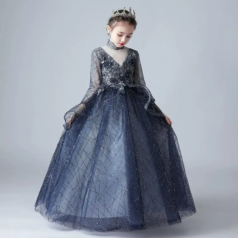 

Роскошное детское вечернее платье с пайетками для дня рождения, детское праздничное платье для пианино, подиумное платье со шлейфом для дев...