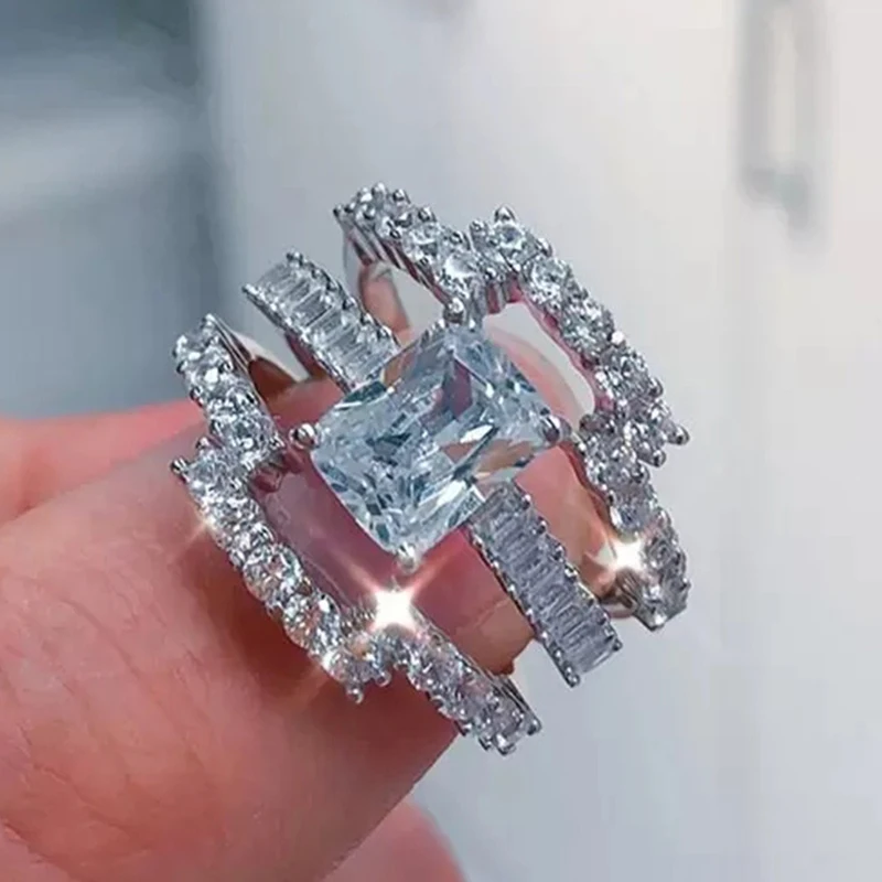 

UILZ 3pcs Trendy Elegant CZ Rings for Women White Crystal Engagement Design Hot Sale Zircon Ring set Female Wedding Jewelry