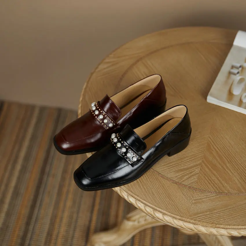 

QUTAA 2021 Retro Square Toe String Bead Women Pumps Soft Genuine Leather Spring Autumn Square Heel Female Shoes Size 34-40