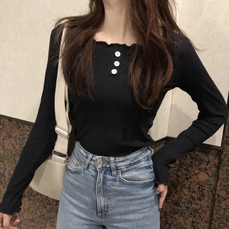 

T-shirts Women Slim Long Sleeve Button Korean Style Tops Comfortable All-match Simple Soft Sweet Harajuku Fashion Casual Tees