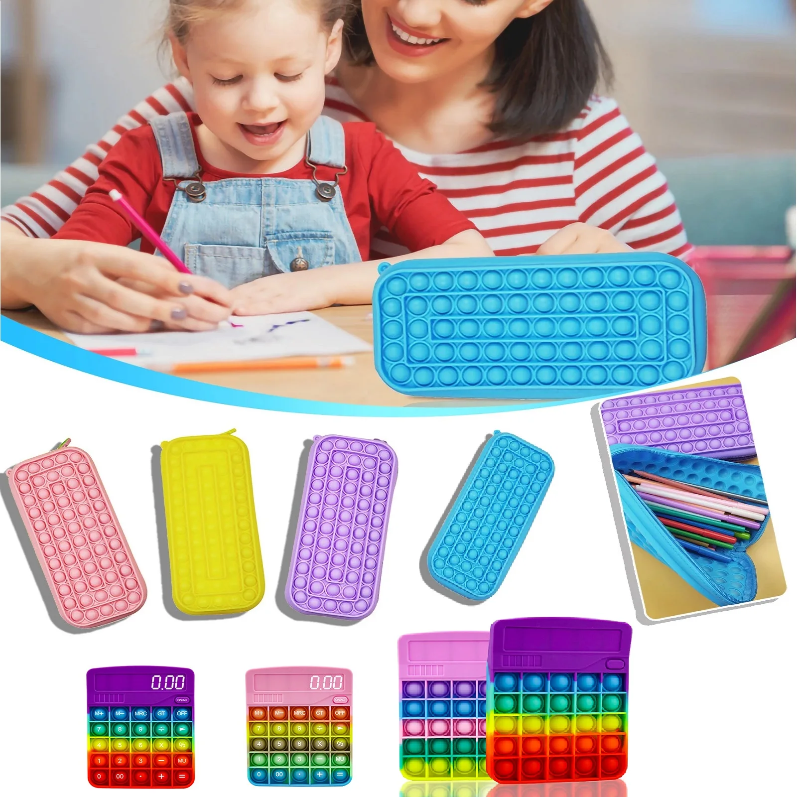 

2021 Hot New Pencil Box Pop Its Decompression Game Pen Box Multi-Color Keyboard Calculator for Children Antistress Fidget Toys