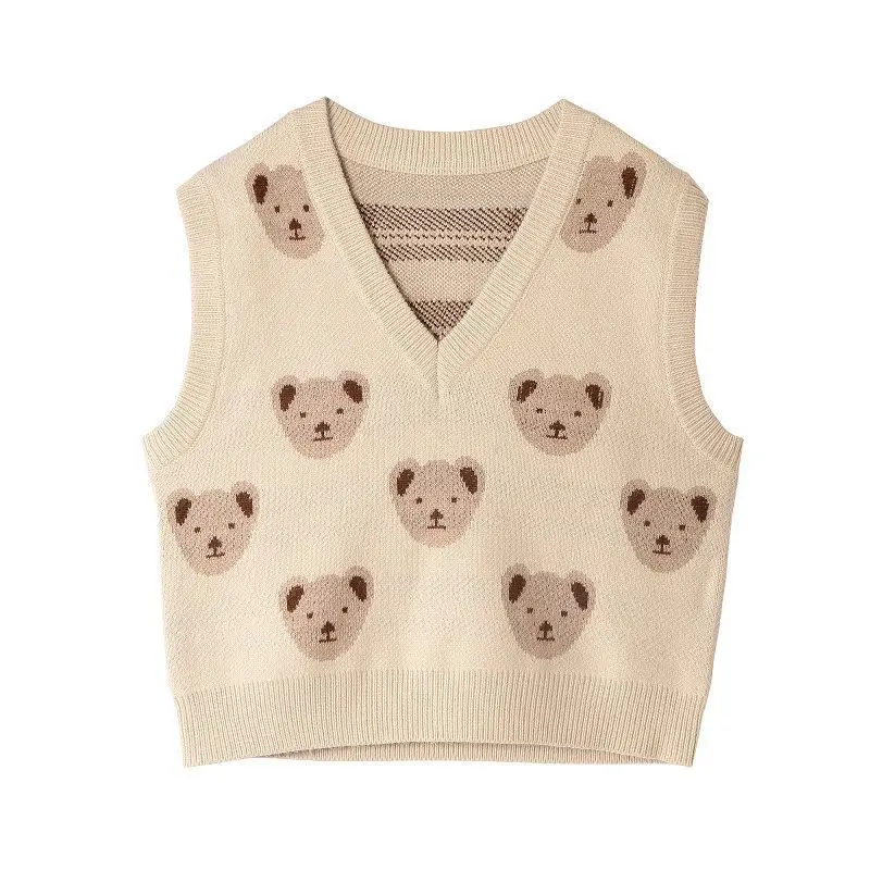 

Женский винтажный свитер с V-образным вырезом и принтом медведя