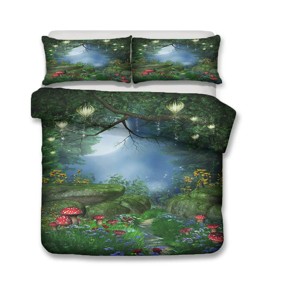 Комплект постельного белья с 3D принтом "Лесной гриб" для взрослых, состоящий из наволочек на подушки и одеяло, модель #MG01.