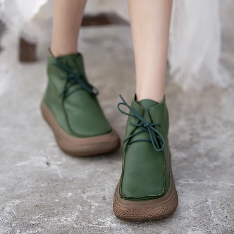 

Fashion 2022 autumn and winter new leather retro polished square toe flat boots with short tube Martin boots