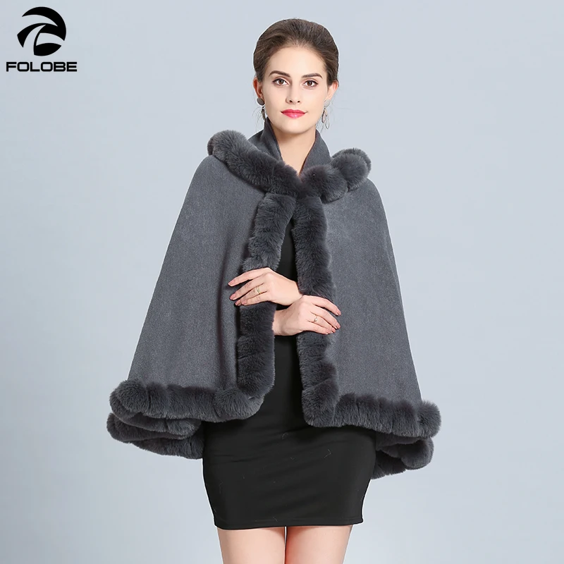 FOLOBE Winter Faux Fur Coat for Women Knitted Faux Fur Ponchos Hooded Thick Warm Short Capes Winter Shawl Coat Jacket