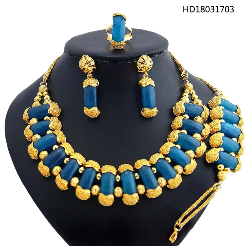 Dark Blue YULAILI, Новое поступление, натуральный камень, высокое качество, 24 карата, золотой цвет, женский костюм, ювелирные наборы - Окраска металла: Dark Blue