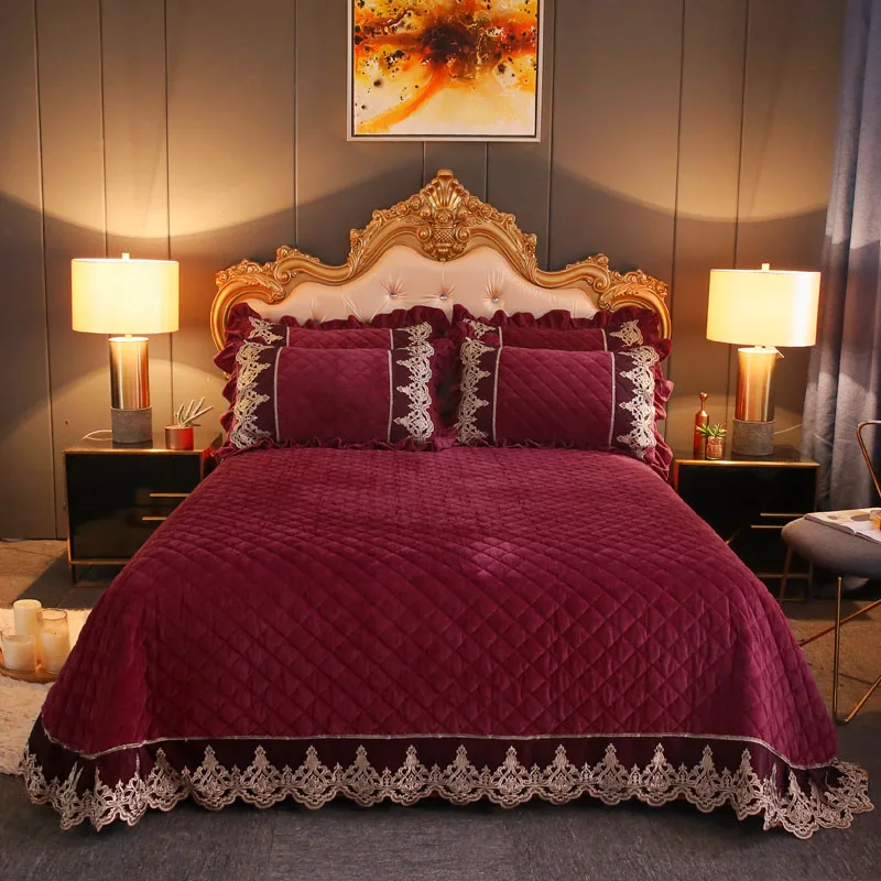 Dark Gray Thicken Flannel Velvet Fleece Quilted Gold Lace Bedspread Pillowcases Bed Cover Sheet Mattress cover Bedding Set | Дом и сад