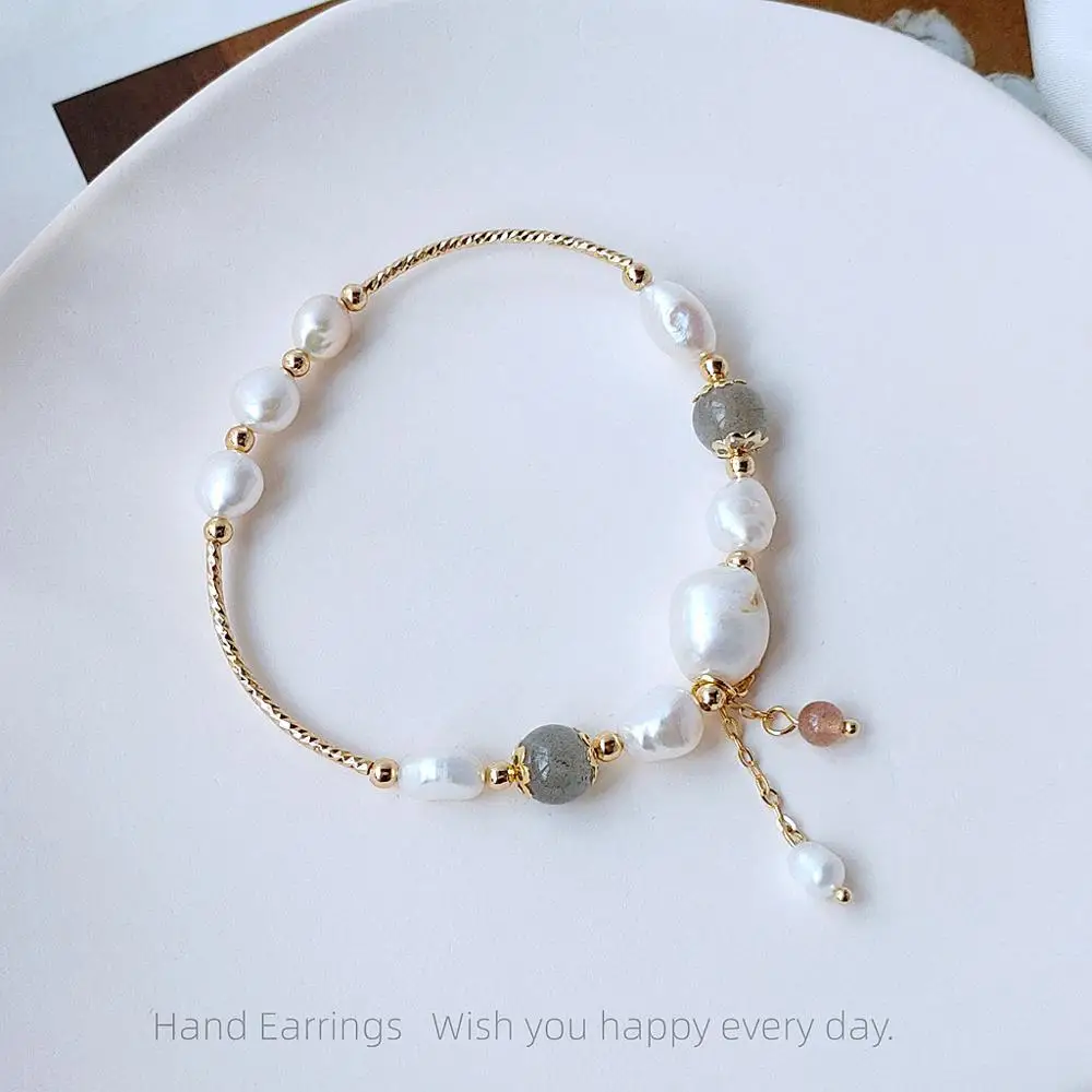 

New Arrival 14K Gold Filled Baroque Natural Freshwater Pearl Moonstone Female Bracelet Promotion Jewelry For Women Wedding Gift