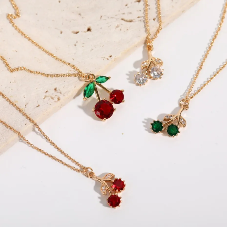 

Trendy Fruit Jewelries Pendant Necklace Gold Color Cubic Zircon Cherry Chain Choker Necklace Female Fashion Statement Jewelry