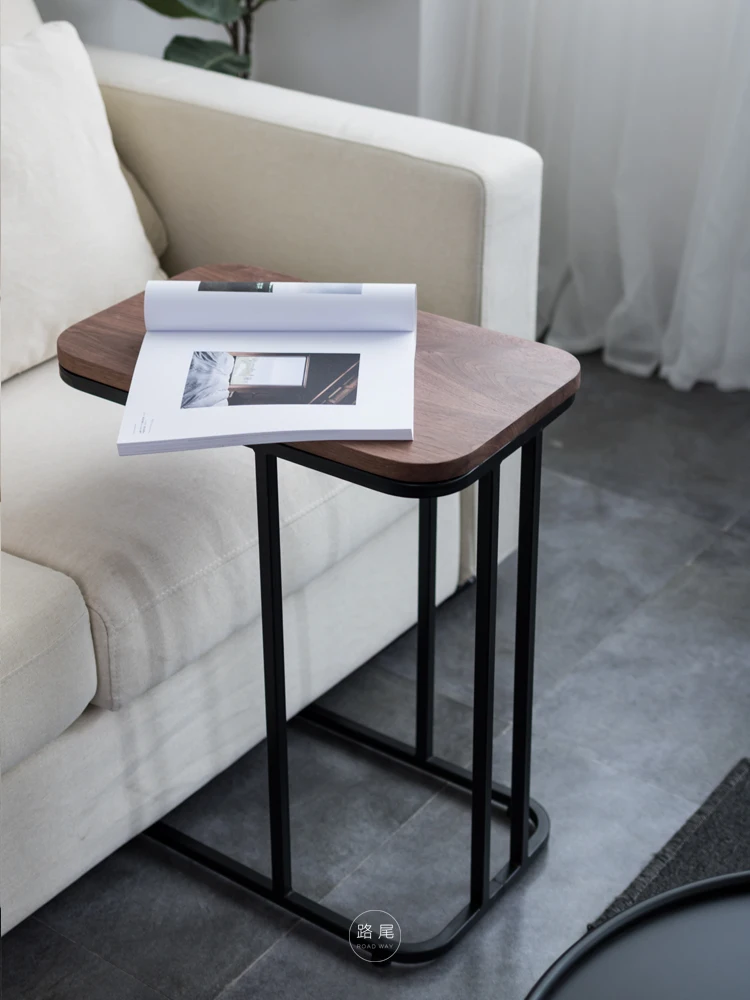 Nordic Wrought Iron Sofa Side Simple Modern Black Walnut Solid Wood Bedside Table Ins Living Room Marble Corner |