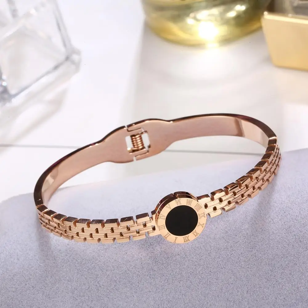 

Luxury titanium steel classics rome numerals bangle fashion jewelry rose gold bracelet black round concise wristlet jewel women