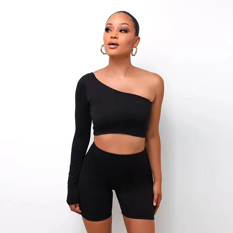 

One Shoulder Suits Solid Sexy Summer Long Sleeve Suit Women Clothing 2021 Crop Tops Elastic Shorts Two Piece Set Outfit Club Set