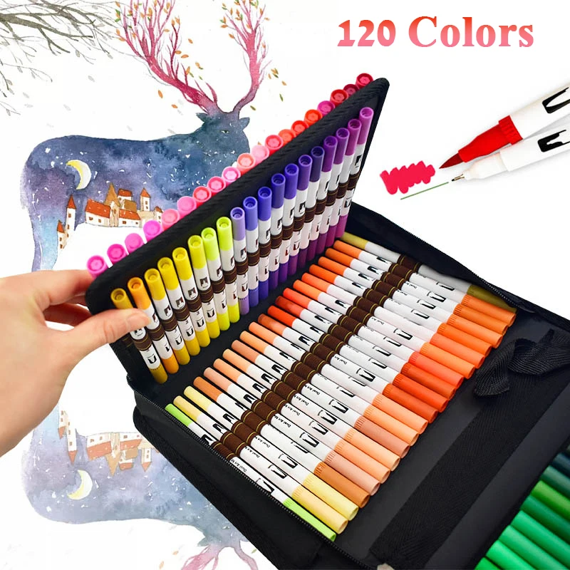 Акварельная ручка с двойным войлочным наконечником 120 цветов набор фломастеров