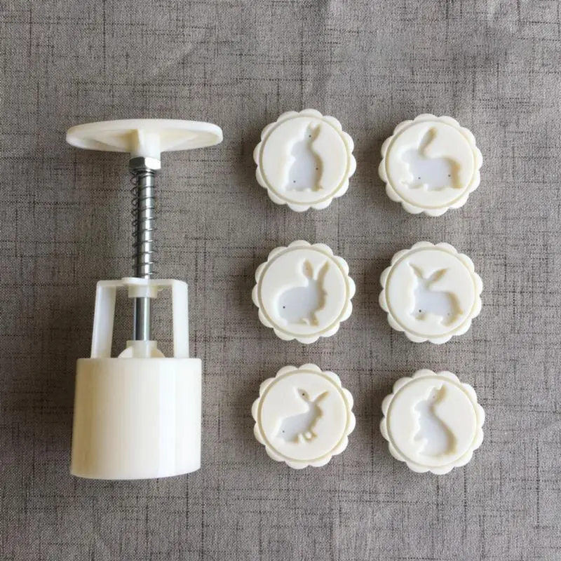 

50g Mooncake Mold 6pcs Bunny Stamps Hand Press Moon Cake Pastry Mould Bakeware