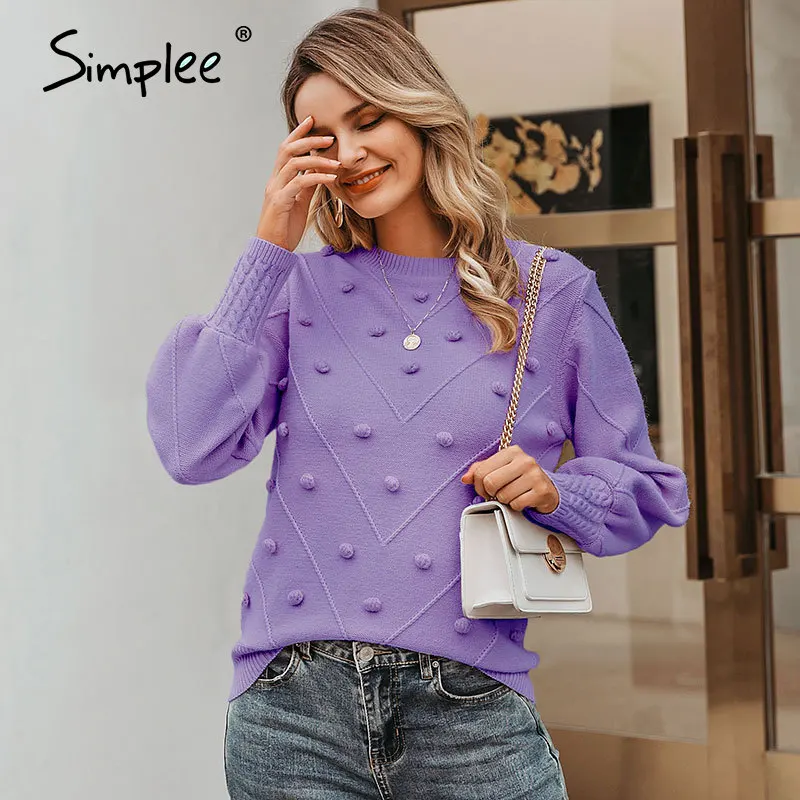 Simplee Elegant fur pompon women sweater Autumn winter lantern sleeve knitted female Streetwear ladies pullover jumper | Женская одежда